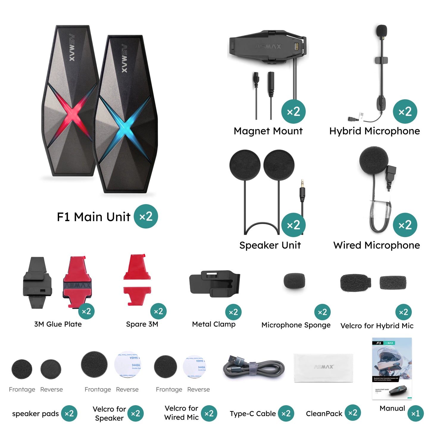 ASMAX F1 Mesh Motorcycle Intercom AI Voice HD 45mm Speakers 1350mAh Battery Pro-Level Helmet Communication System Global version