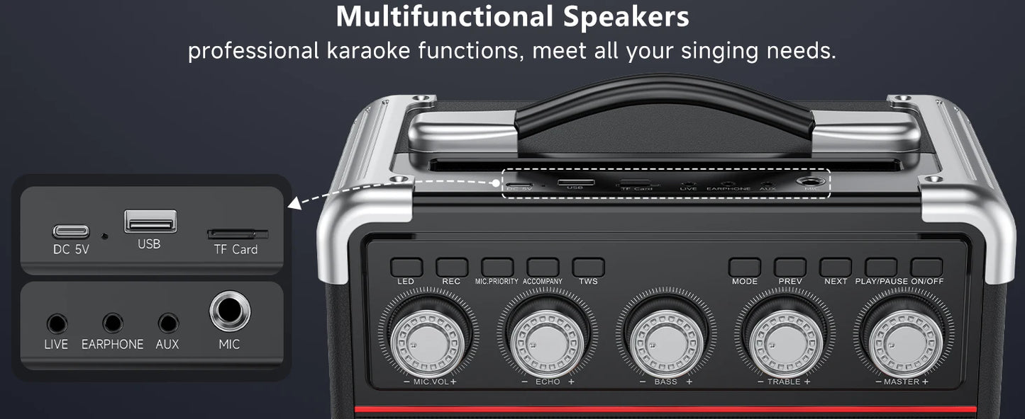 FanFun Karaoke Machine with 2 Microphone, Bluetooth Karaoke Speaker with LED Light, Home Karaoke System Set, TX05