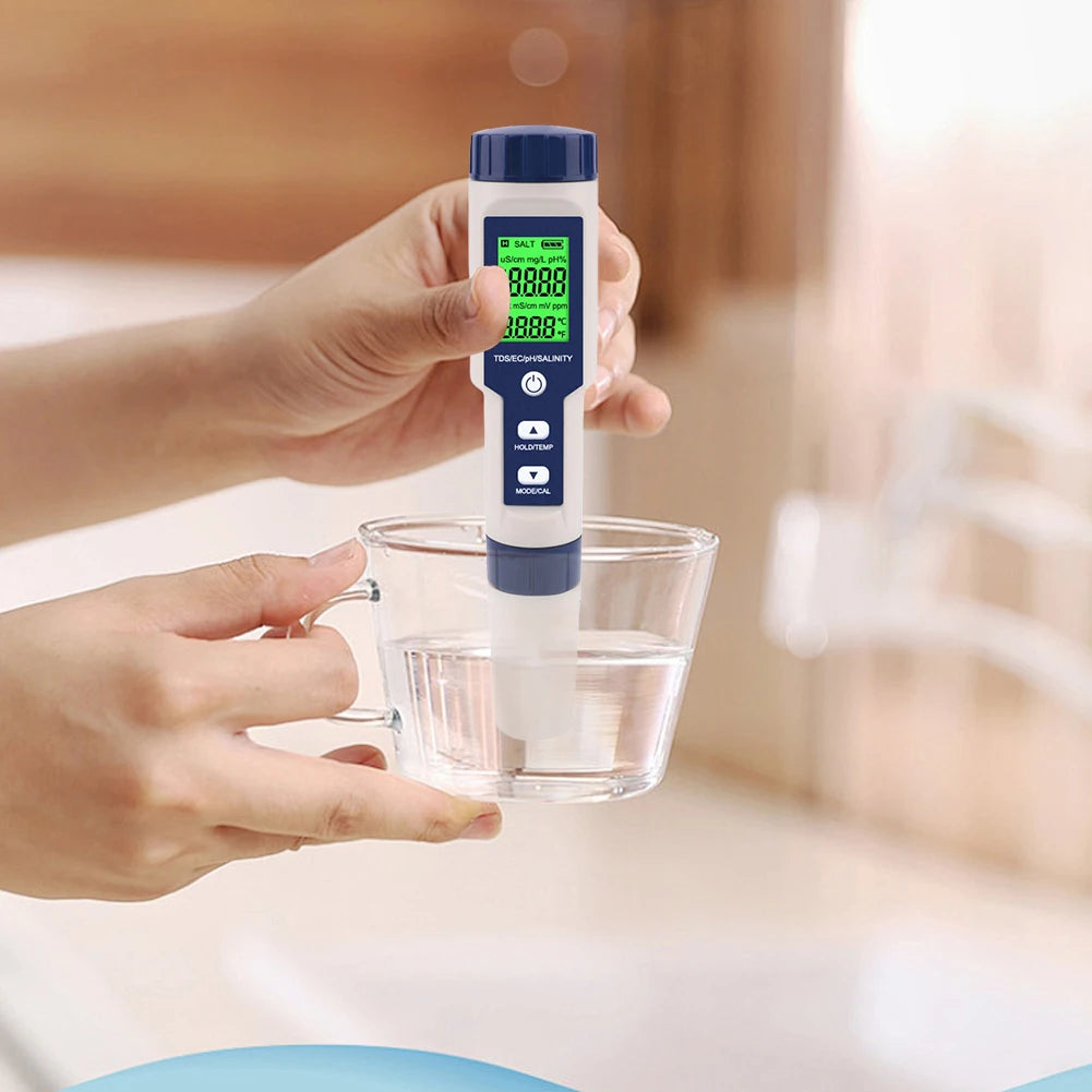 5 in 1 Water Tester Monitor Digital TDS/EC/PH/Salinity/Temperature Meter Portable Pen Water Quality Detector for Pools Aquariums