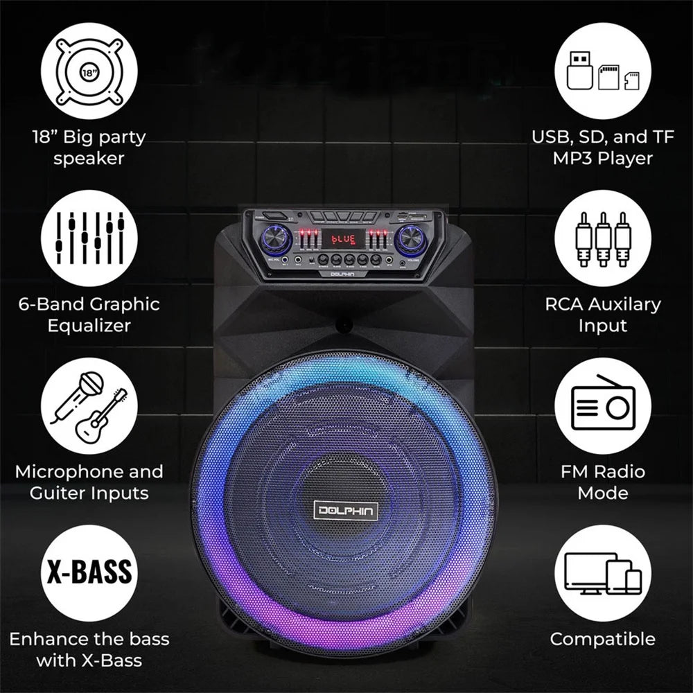 4500W Portable Bluetooth Party Speaker 18" Subwoofer Heavy Bass Sound System Dj Karaoke Led Light Loud Rechargeable Speaker