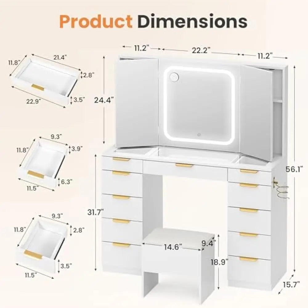 11 Drawers Vanity Desk w/Foldable Mirror, Glass Top Makeup Vanity & LED Lights, Handles Dressing Table w/Chair and Power Outlet