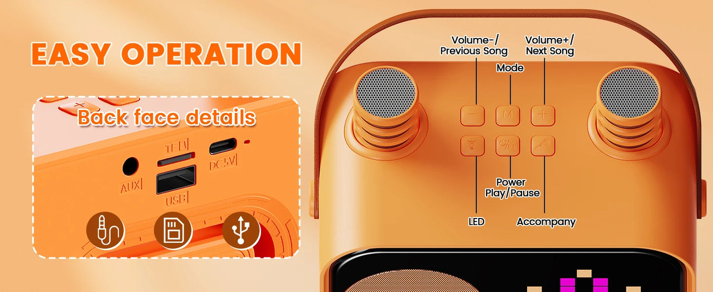 D58 Karaoke Machine for Children and Adults, Mini Portable Bluetooth Karaoke Speaker with 2 Wireless Microphones
