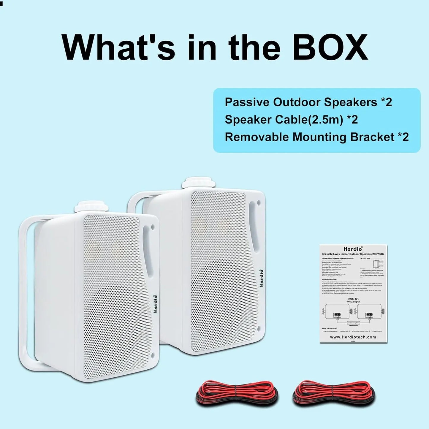 Herdio 2PCS 3.5'' Passive Outdoor Speakers Wired Waterproof 200W 3 Way Premium Mountable Wall Mount Speakers For Patio Boat Home