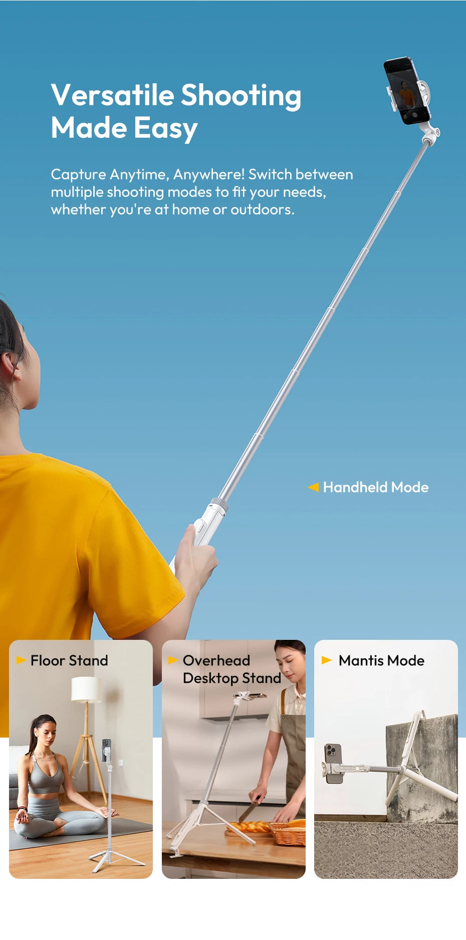 Ulanzi TT88 1.44M Overhead Selfie Stick Phone Tripod with Magnetic Clamp Wireless Remote Extension Tripod for LiveStreaming Vlog