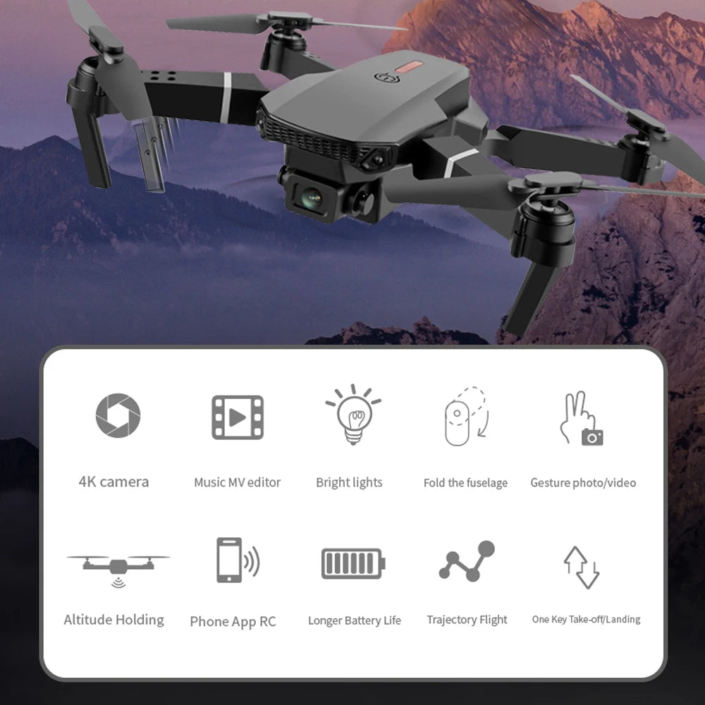 E88 Pro RC Drone WiFi FPV Height Hold Foldable Obstacle Avoidance 4K Wide-Angle HD Camera Quadrotor Helicopter Children's Toys