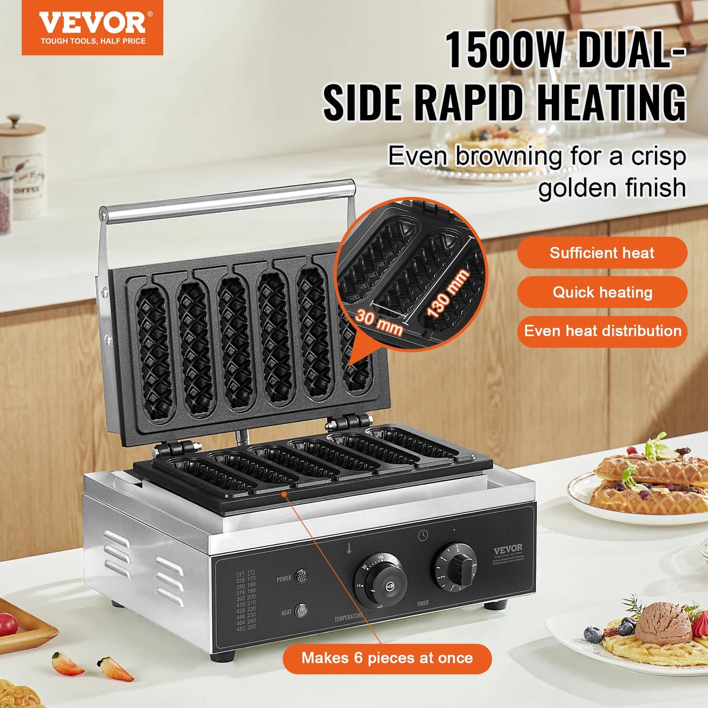 SucceBuy Commercial Waffle Stick Maker 6PCS Waffle Baker Machine Non-Stick Stainless Steel Corn Hot Dog Waffle for Restaurant