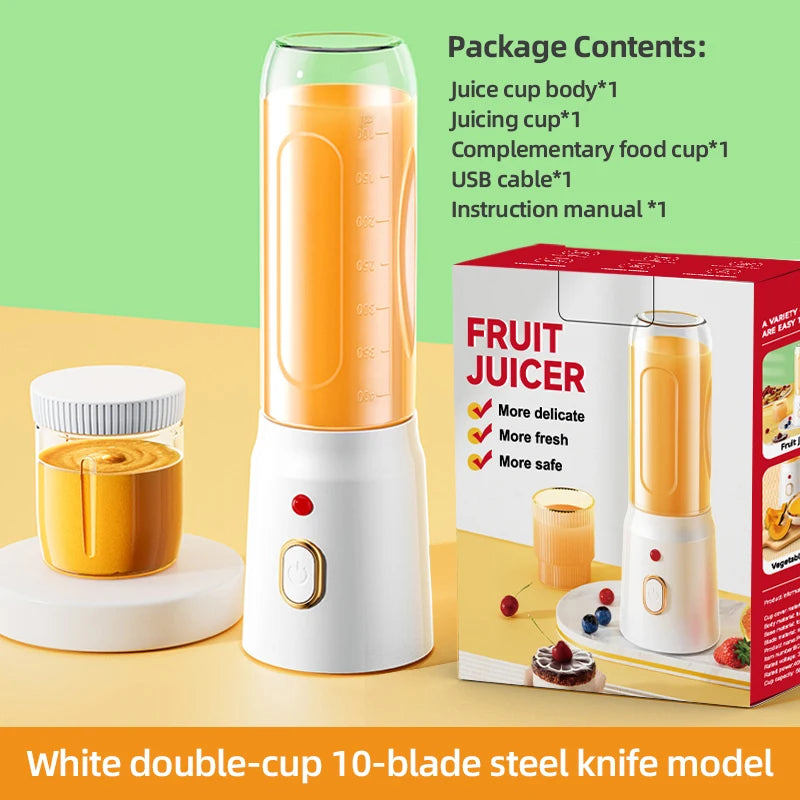 Portable electric juicer, 450ml, USB fast charging, 10 blades, dual cup design, suitable for milkshakes/juicers/smoothies
