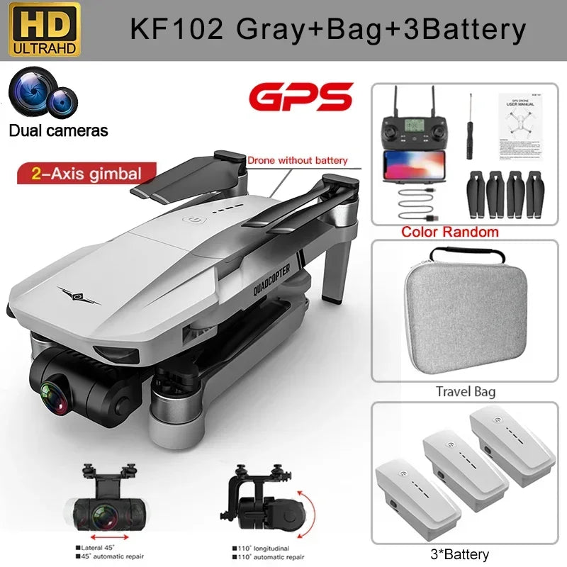 2025 KF102 4K HD GPS Drone with Dual Camera 2-Axis Gimbal Optical Flow WiFi FPV, Foldable Toy for Beginners and Professionals