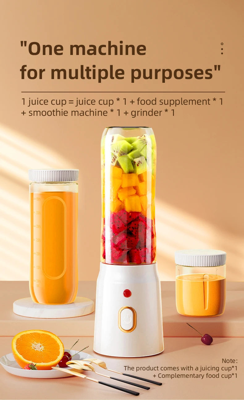 Portable electric juicer, 450ml, USB fast charging, 10 blades, dual cup design, suitable for milkshakes/juicers/smoothies