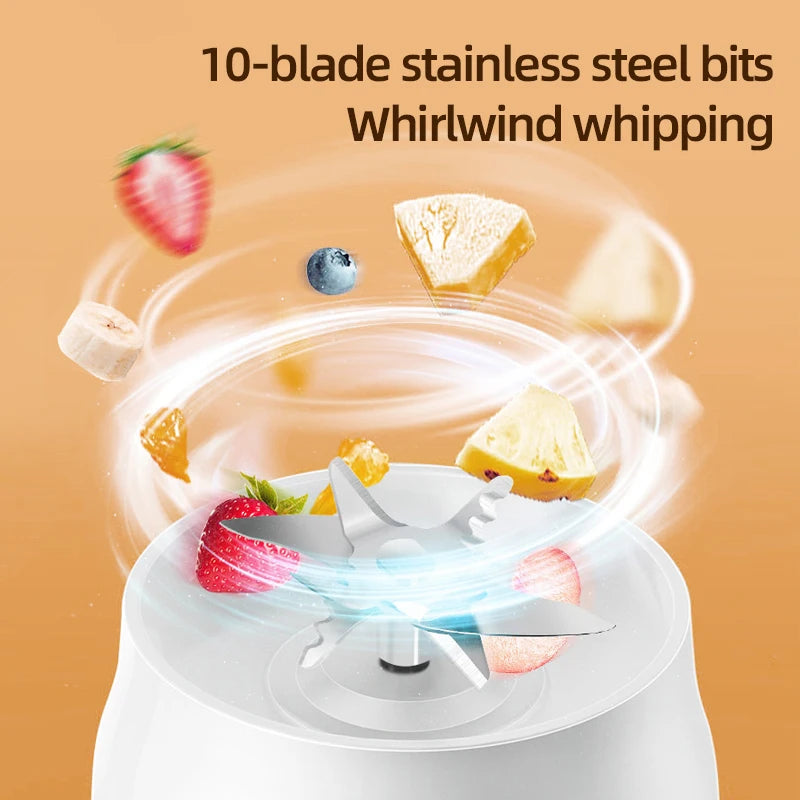 Portable electric juicer, 450ml, USB fast charging, 10 blades, dual cup design, suitable for milkshakes/juicers/smoothies