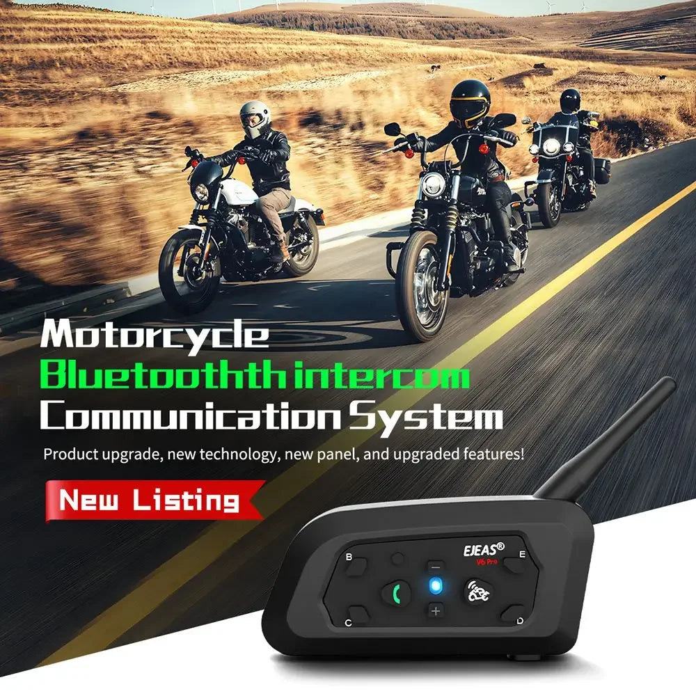 EJEAS Motorcycle Intercom V6 PRO+ Helmet 6 Riders 800m Communicator Waterproof V5.1 Music Player Interphone Bluetooth Headset