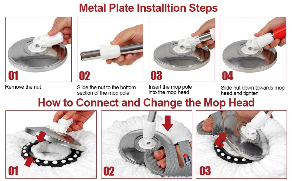 360° Spin Mop Bucket Sets with Wring System in 3 Microfiber Heads, Stainless Steel Basket 61" Extended Handle Floor Cleaning