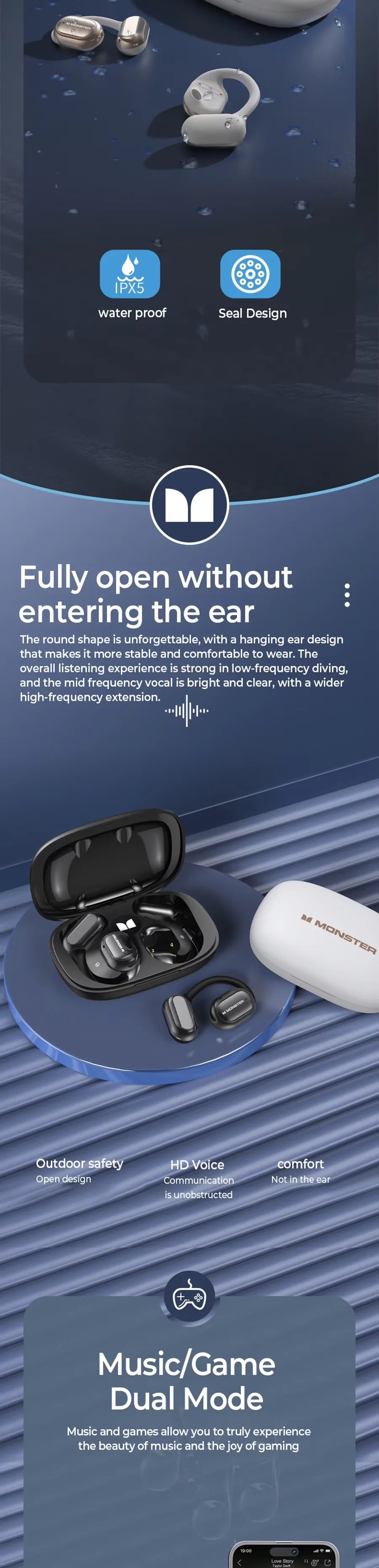 Monster AC100 Open Ear Wireless Bluetooth Headphones HIFI Sound Quality HD Call Music Earphones Waterproof Sports Touch Earbuds