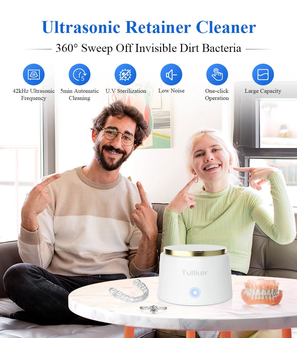 Tullker Household Ultrasonic Retainer Cleaner for Denture Jewelry Braces Cleaning with UV Light