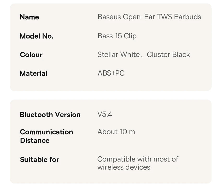 Baseus Bass 15 Clip Open Ear Earphones Wireless Bluetooth 5.4 Ear Clip Earphones Ear Sports TWS Earbuds 2-Mic ENC Headphones