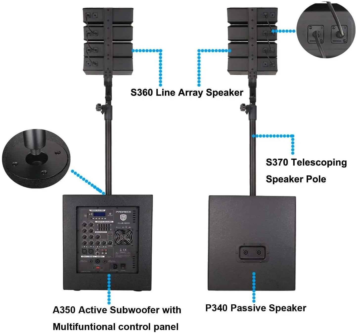 PRORECK Club 3000 12-Inch 4000w DJ Powered PA Speaker System Combo Set with Bluetooth USB Drive Read Function SD Card Remote