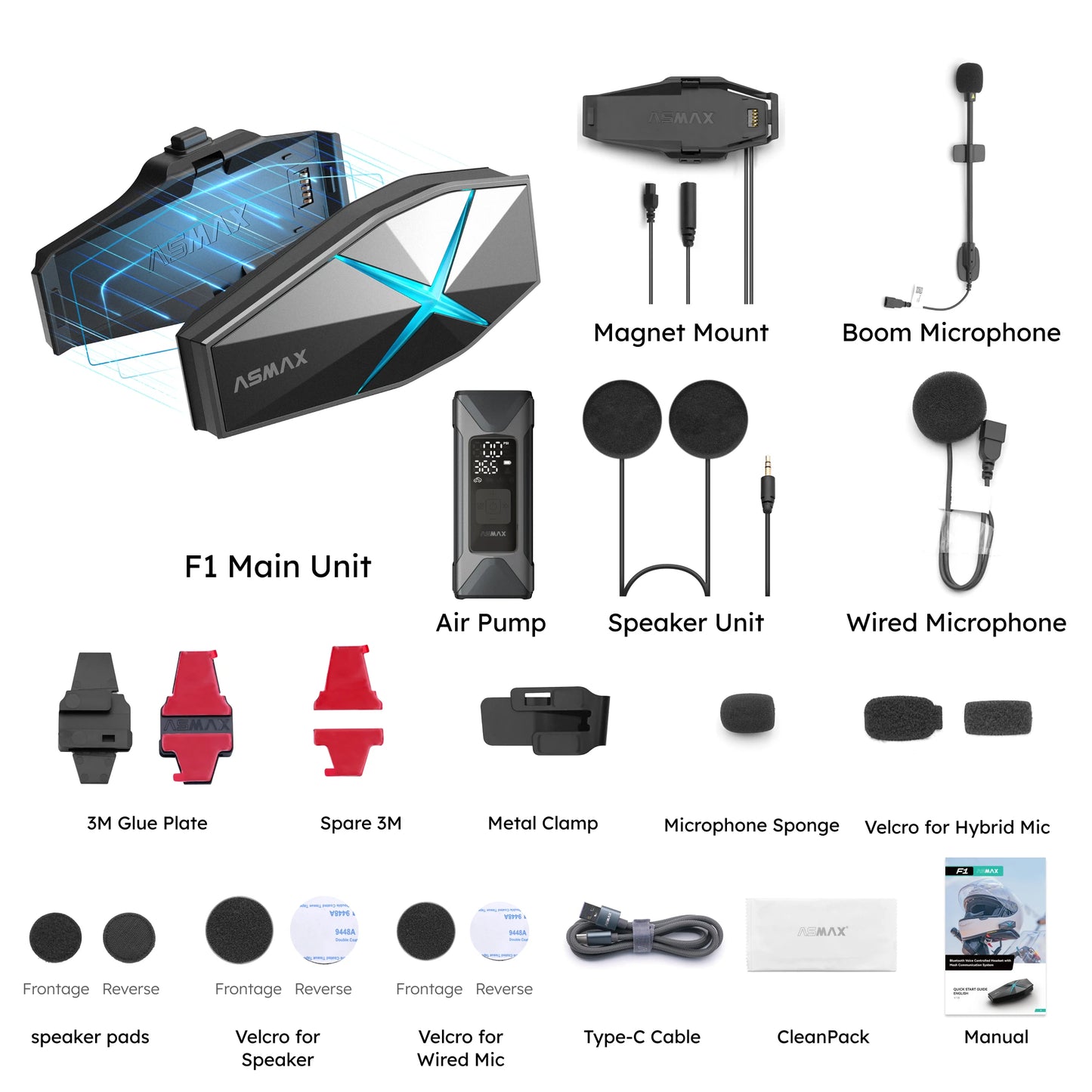 ASMAX F1 Mesh Motorcycle Intercom AI Voice HD 45mm Speakers 1350mAh Battery Pro-Level Helmet Communication System Global version