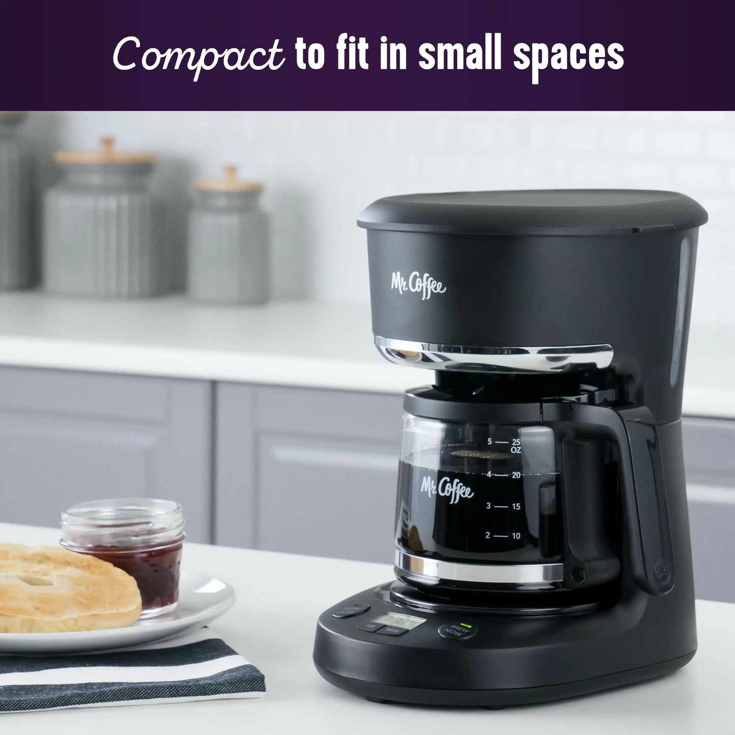 5-Cup Programmable Coffee Maker, 25 oz. Mini Brew, Brew Now or Later, Black & Chrome