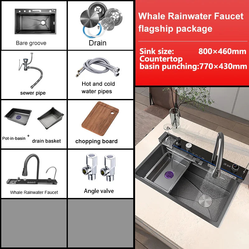 Stainless Steel Waterfall Kitchen Sink Extra Large Single Slot Digital Display Faucet Set Cup Washer Wash Basin 100*50cm