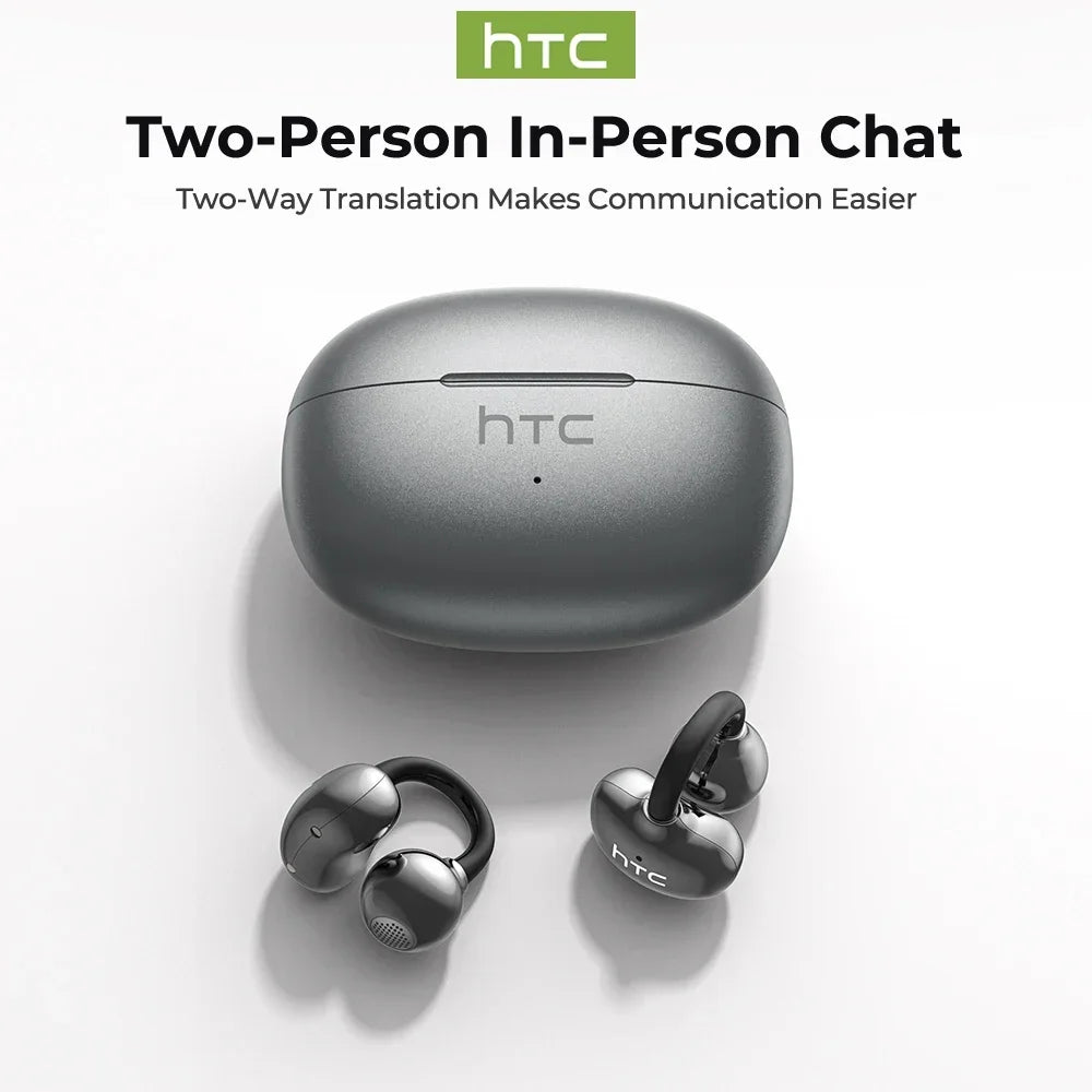 【HTC NE55】 Bluetooth Earphones AI Translation Earbuds Ear clip Sport Wireless Headphones Comfort Super Bass Open-Ear Earbuds