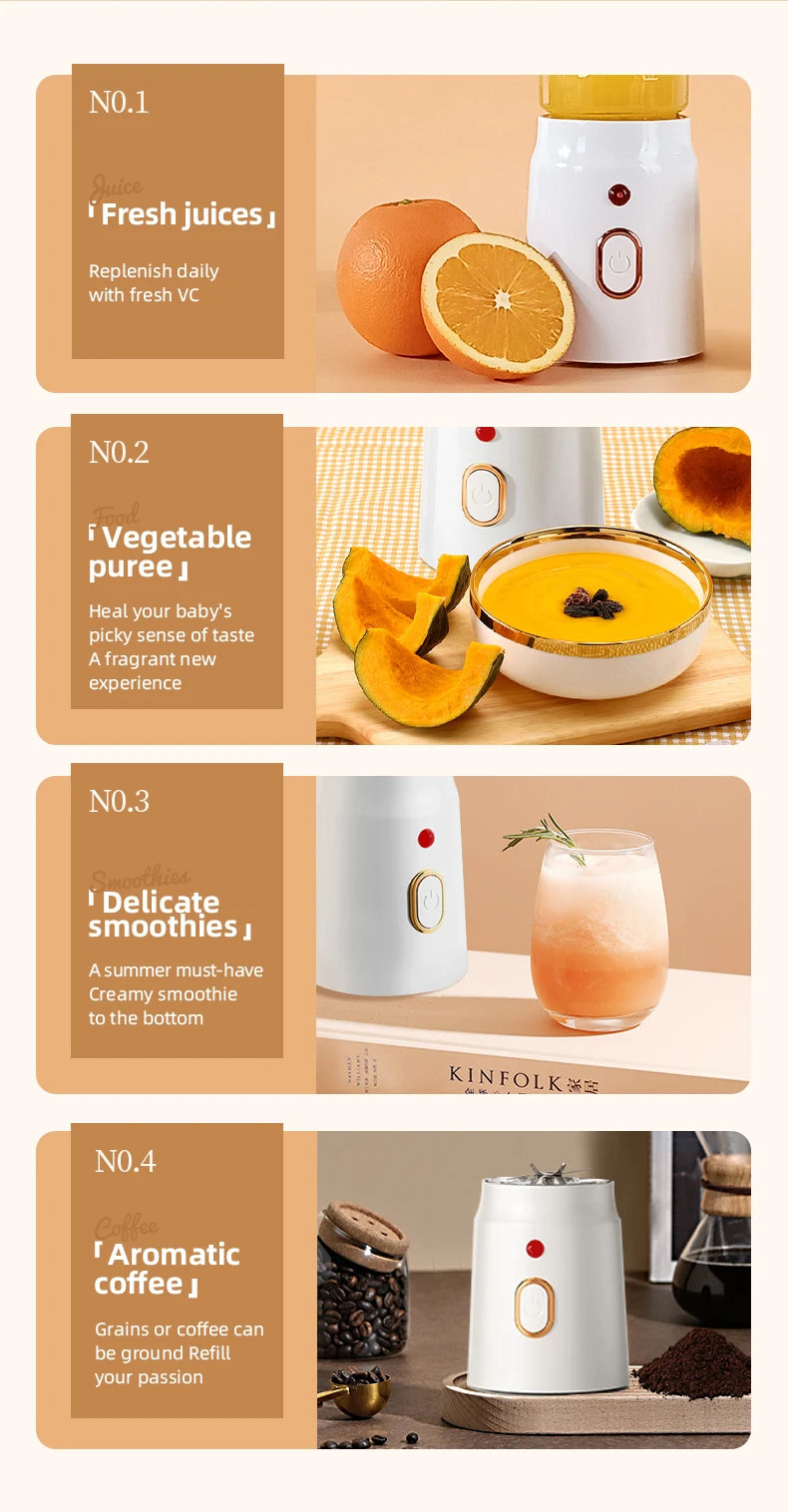 Portable electric juicer, 450ml, USB fast charging, 10 blades, dual cup design, suitable for milkshakes/juicers/smoothies