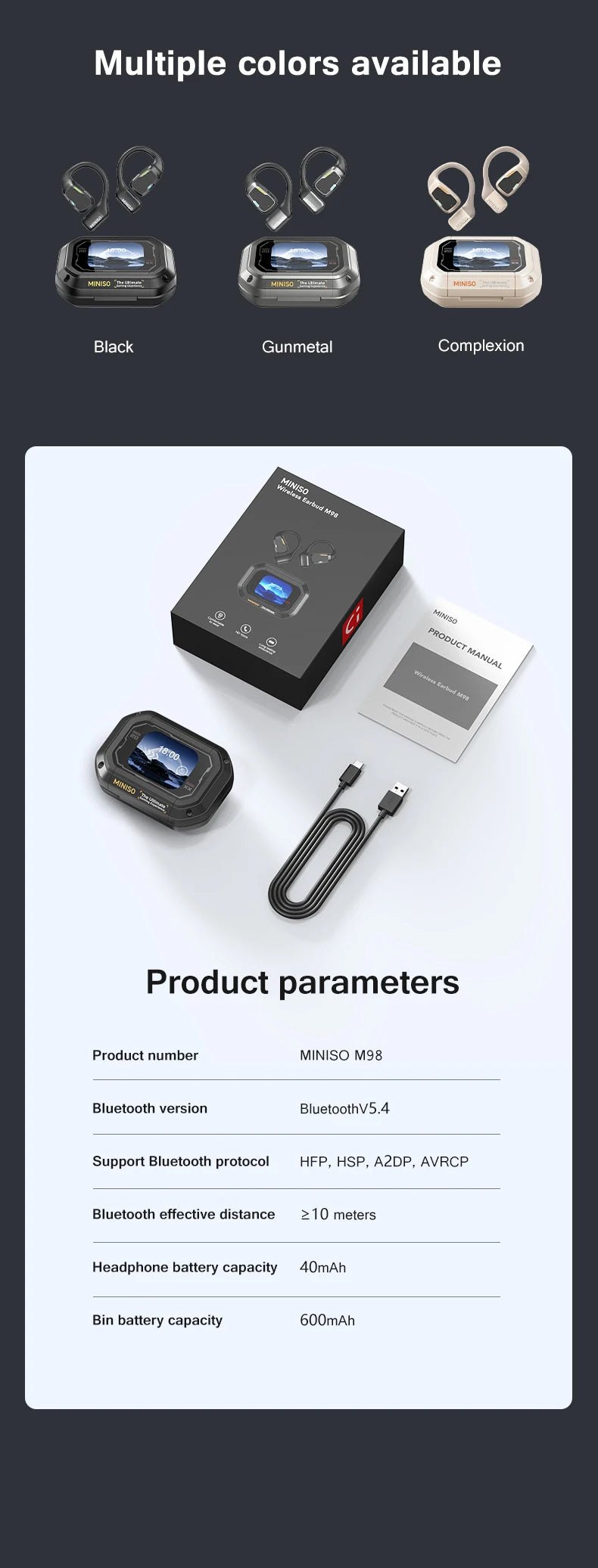 MINISO M98 True Wireless Open Ear Earbuds Bluetooth 5.4ears,13mm Dynamic Driver OWS ears heads Gaming Headset Super Long Endur