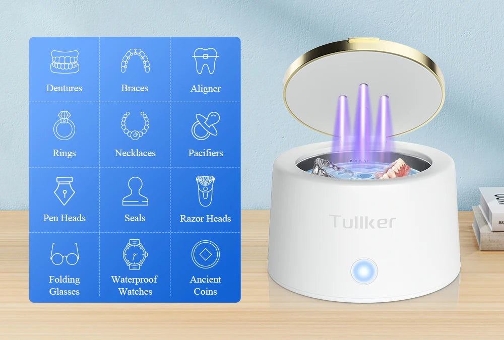 Tullker Household Ultrasonic Retainer Cleaner for Denture Jewelry Braces Cleaning with UV Light