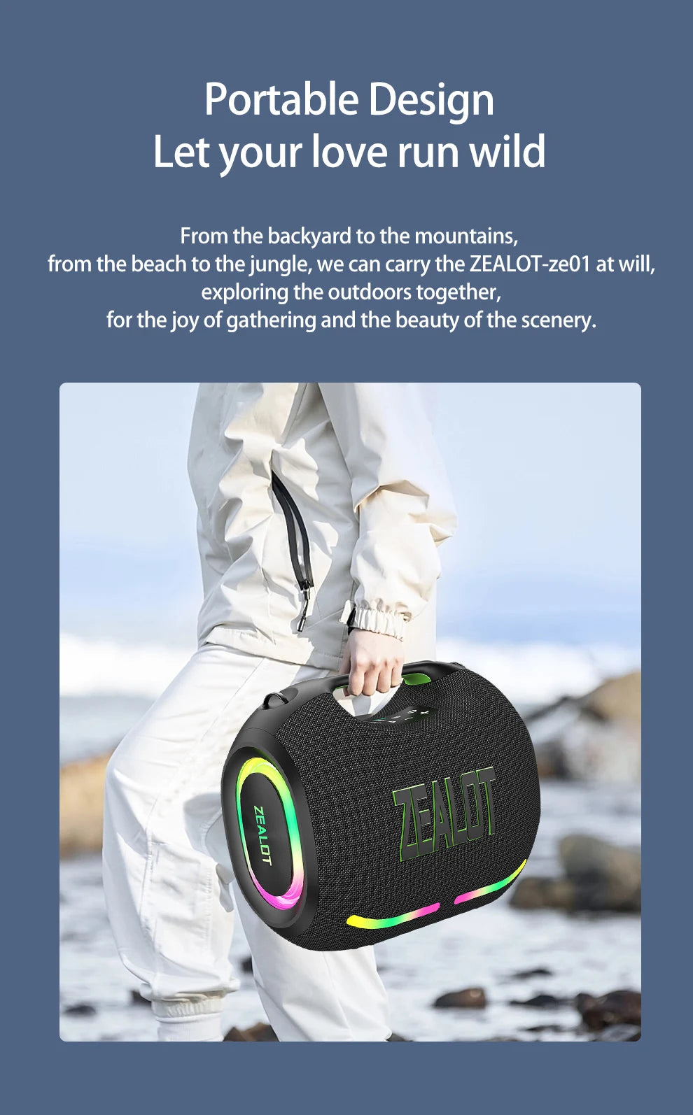 ZEALOT ZE01 120W Wireless Speaker With Carry Handle, TWS Dual Pairing, Fast Charging, 24000mAh Power bank, EQ Mode, RGB Light.