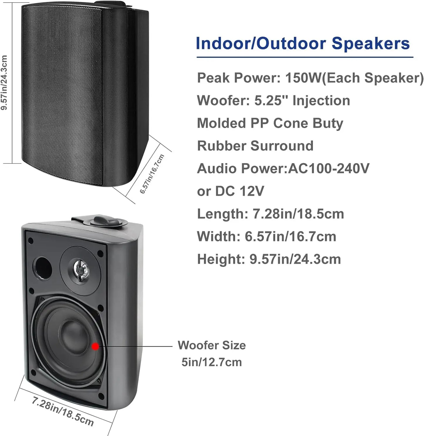 Herdio 5.25'' 300W 2PCS Passive Wired Indoor Outdoor Speakers Patio Deck Speakers All Weather Wall Mount System For Garden Home