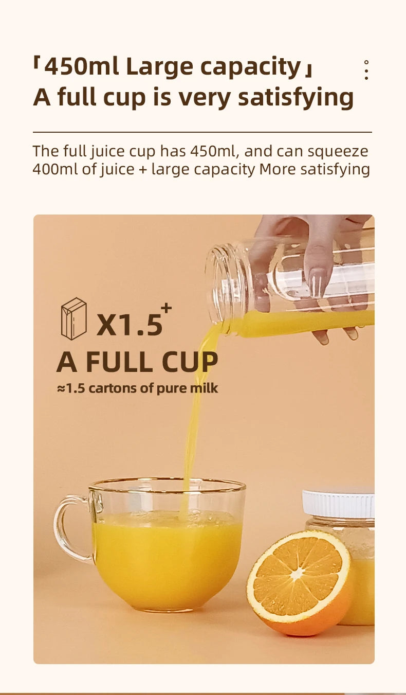 Portable electric juicer, 450ml, USB fast charging, 10 blades, dual cup design, suitable for milkshakes/juicers/smoothies