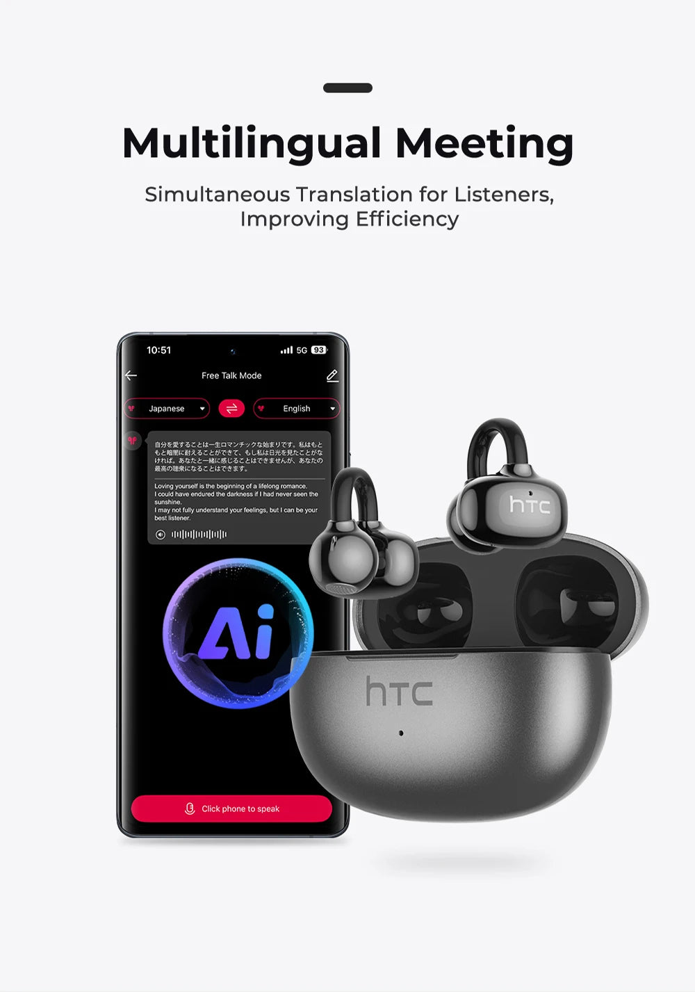 【HTC NE55】 Bluetooth Earphones AI Translation Earbuds Ear clip Sport Wireless Headphones Comfort Super Bass Open-Ear Earbuds