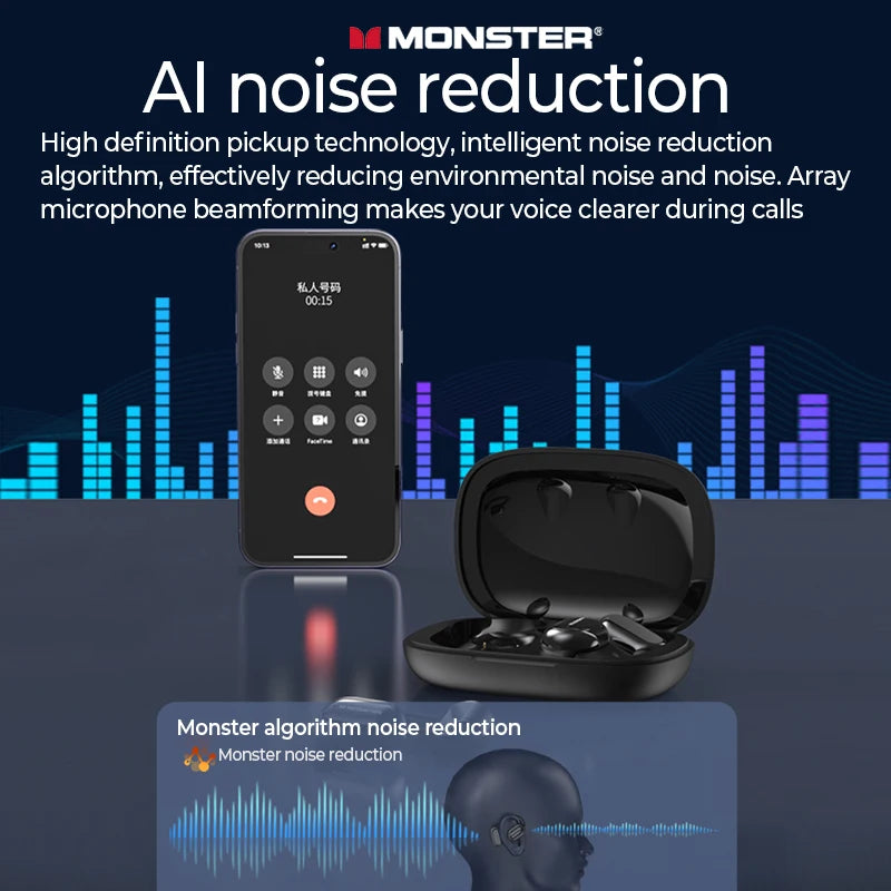 Monster AC100 Open Ear Wireless Bluetooth Headphones HIFI Sound Quality HD Call Music Earphones Waterproof Sports Touch Earbuds