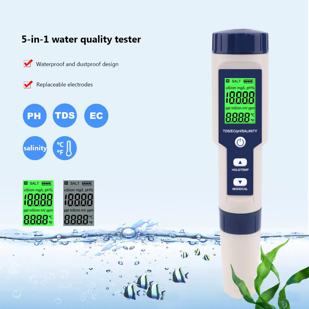 5 in 1 Water Tester Monitor Digital TDS/EC/PH/Salinity/Temperature Meter Portable Pen Water Quality Detector for Pools Aquariums