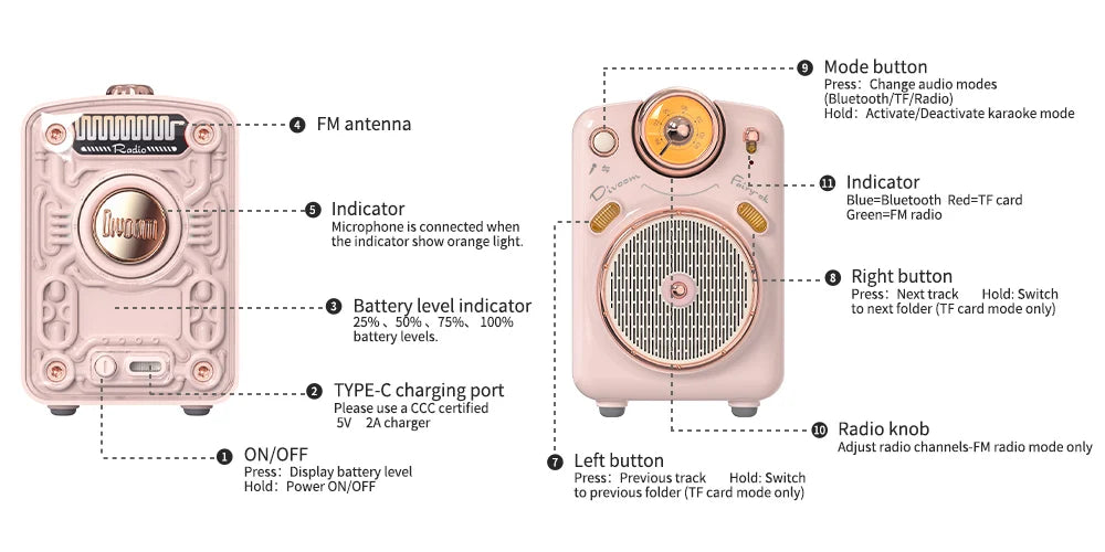 Divoom Fairy-OK Retro Mini Karaoke Speaker with Microphone Karaoke Function with Voice Change, FM Radio, TF Card