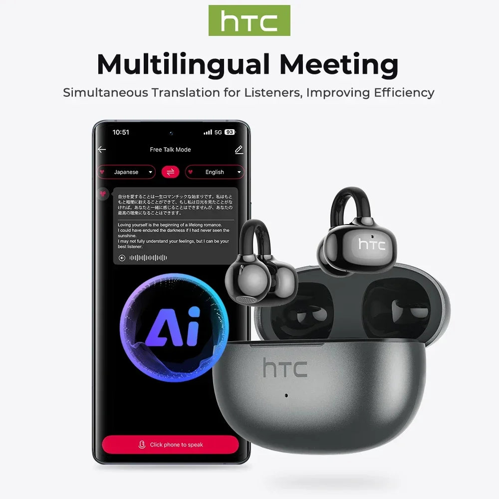 【HTC NE55】 Bluetooth Earphones AI Translation Earbuds Ear clip Sport Wireless Headphones Comfort Super Bass Open-Ear Earbuds