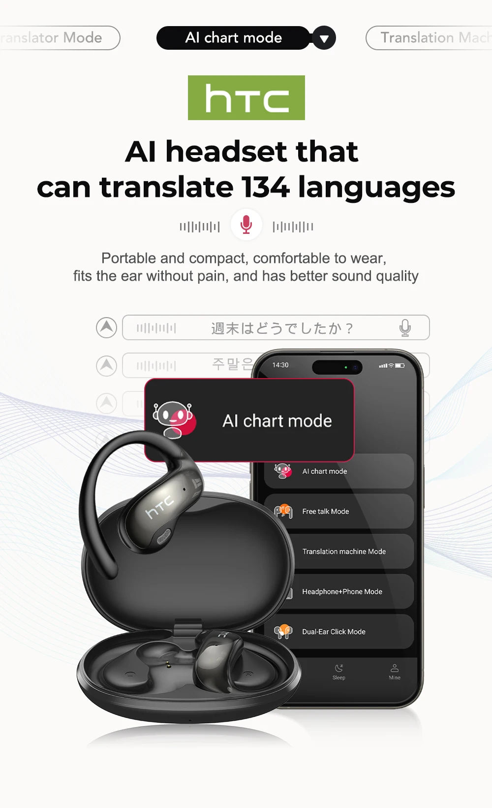 HTC NE19 Bluetooth Earphones OWS Sports Wireless Headphones Powerful Bass AI Translator Earbud Waterproof Ear Hook Louder Stereo