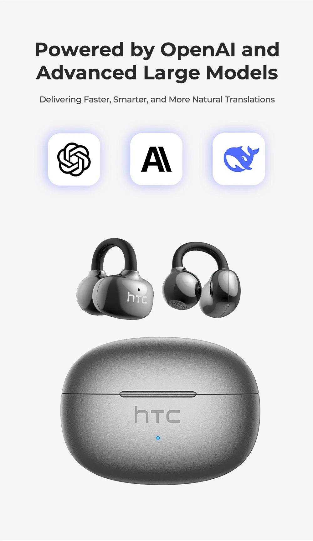 【HTC NE55】 Bluetooth Earphones AI Translation Earbuds Ear clip Sport Wireless Headphones Comfort Super Bass Open-Ear Earbuds