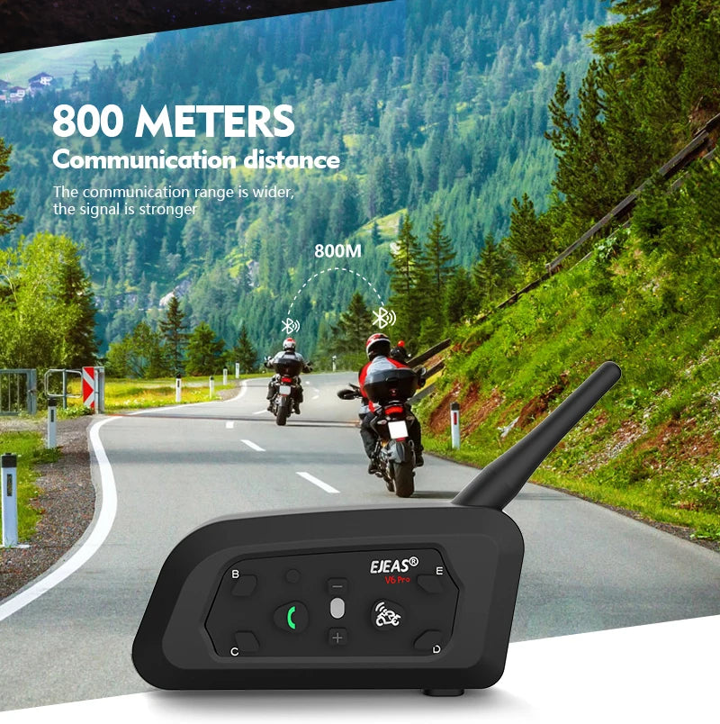 EJEAS Motorcycle Intercom V6 PRO+ Helmet 6 Riders 800m Communicator Waterproof V5.1 Music Player Interphone Bluetooth Headset