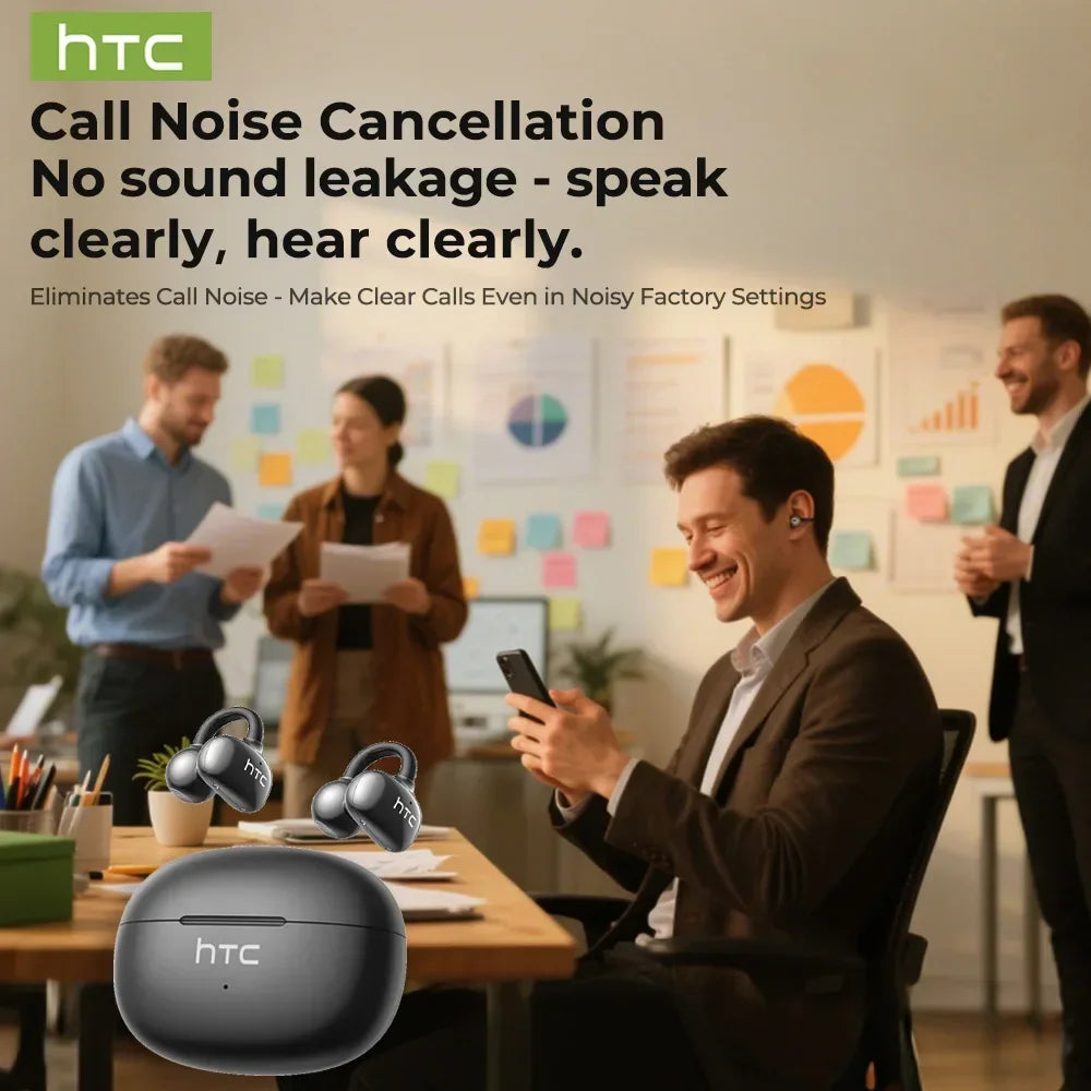 【HTC NE55】 Bluetooth Earphones AI Translation Earbuds Ear clip Sport Wireless Headphones Comfort Super Bass Open-Ear Earbuds