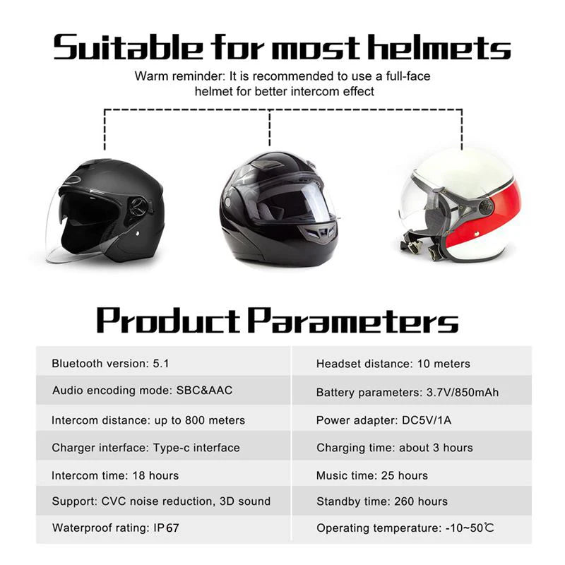 EJEAS Motorcycle Intercom V6 PRO+ Helmet 6 Riders 800m Communicator Waterproof V5.1 Music Player Interphone Bluetooth Headset