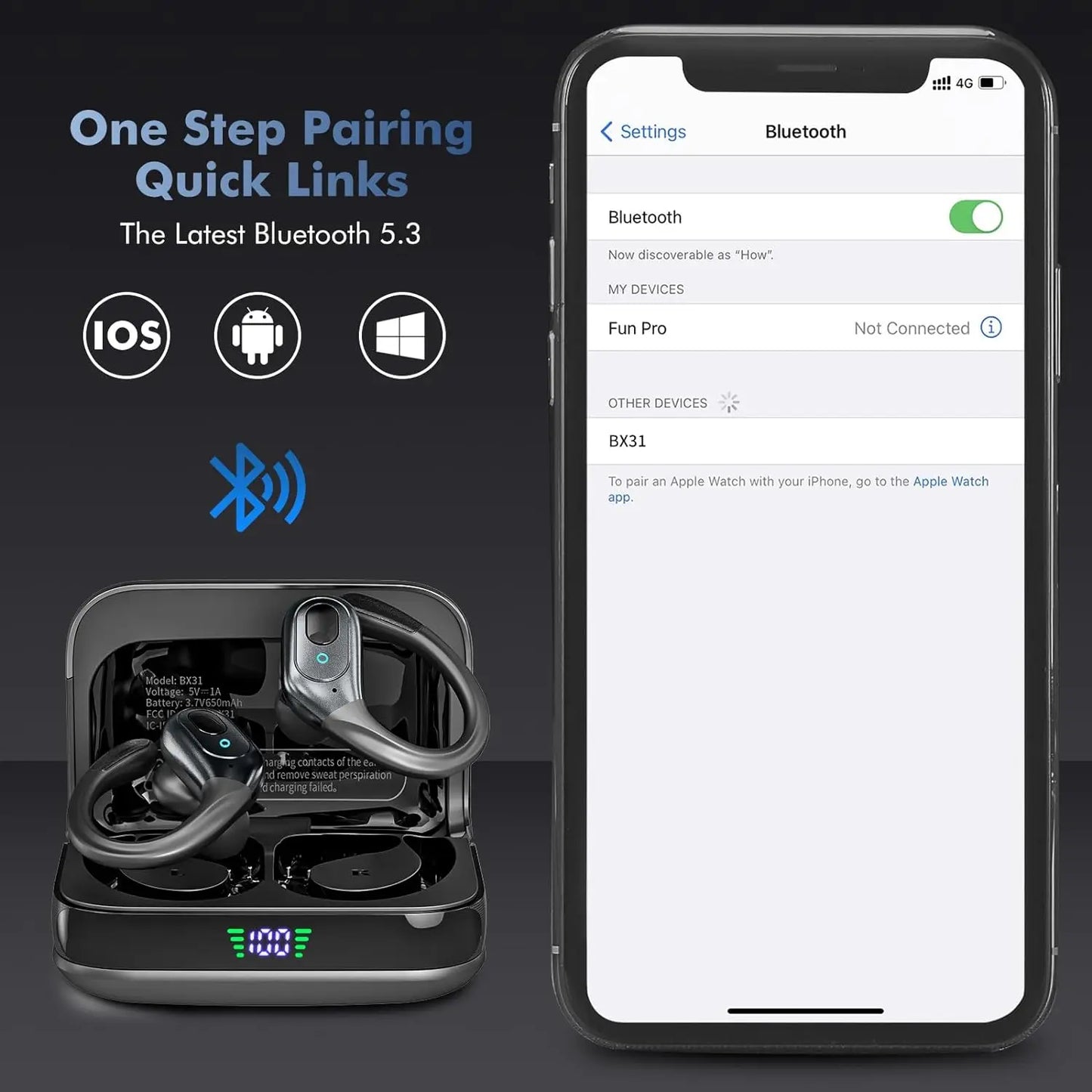 Bluetooth Headphones Wireless Earbuds 5.3 Sports Earbuds 75H Playtime IPX7 Waterproof LED Power Display Over Ear Buds Deep Bass