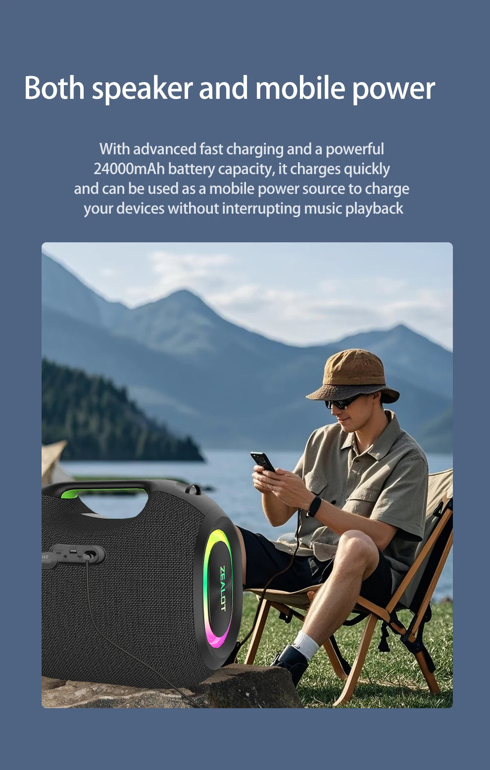 ZEALOT ZE01 120W Wireless Speaker With Carry Handle, TWS Dual Pairing, Fast Charging, 24000mAh Power bank, EQ Mode, RGB Light.