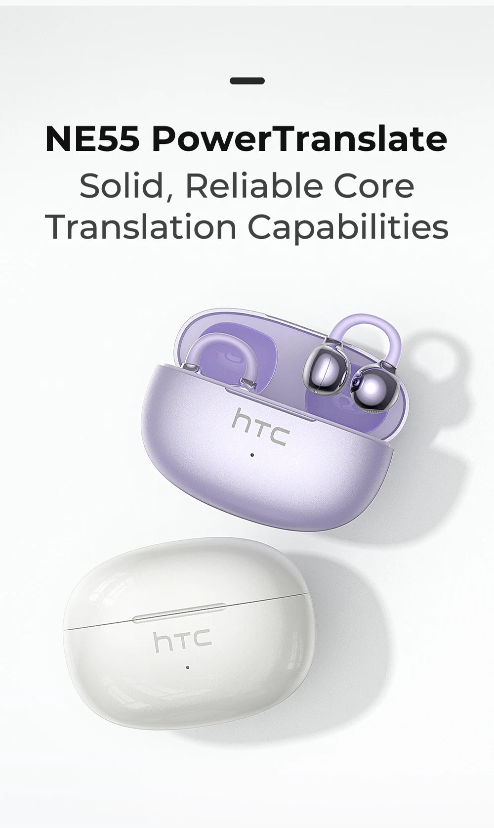 【HTC NE55】 Bluetooth Earphones AI Translation Earbuds Ear clip Sport Wireless Headphones Comfort Super Bass Open-Ear Earbuds