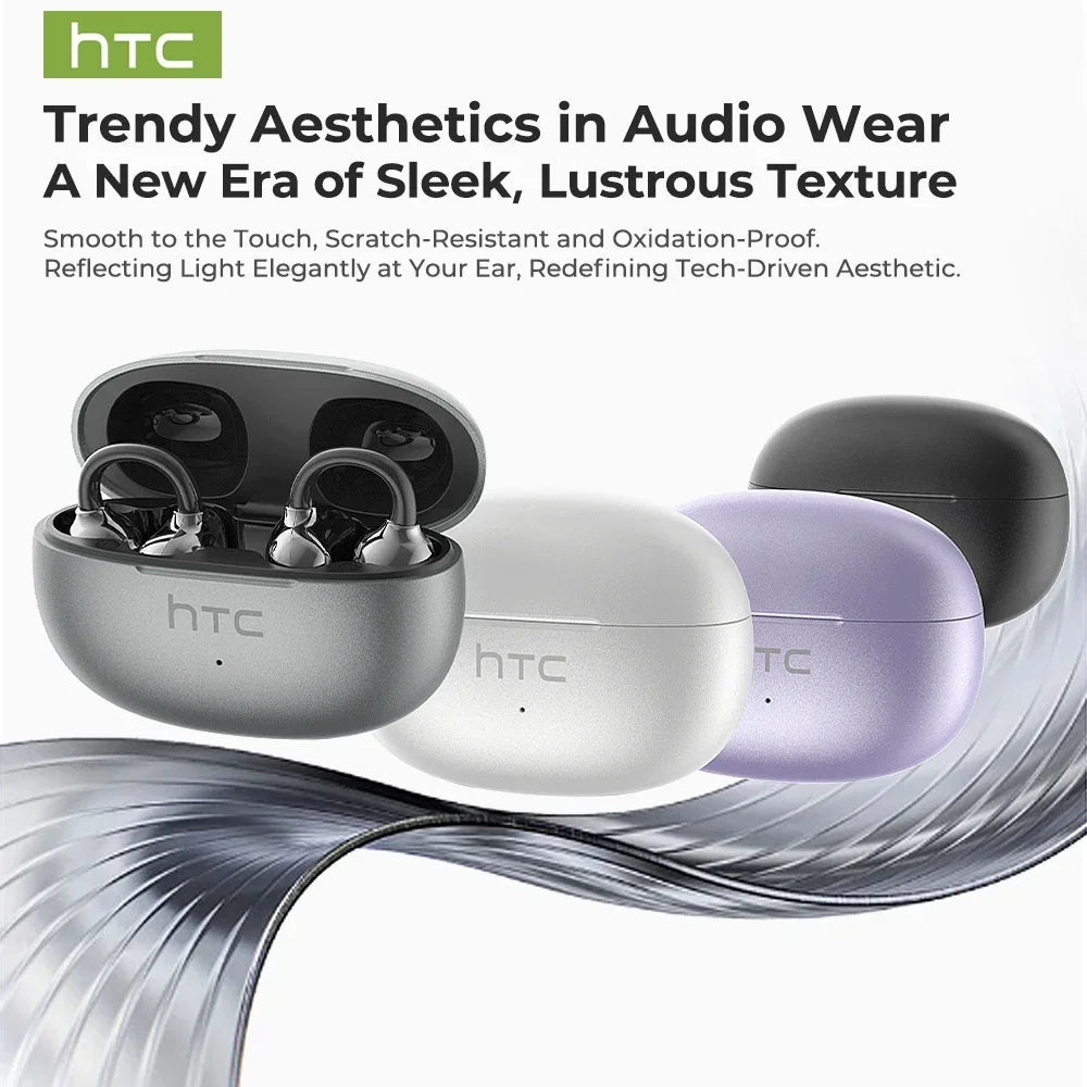 【HTC NE55】 Bluetooth Earphones AI Translation Earbuds Ear clip Sport Wireless Headphones Comfort Super Bass Open-Ear Earbuds
