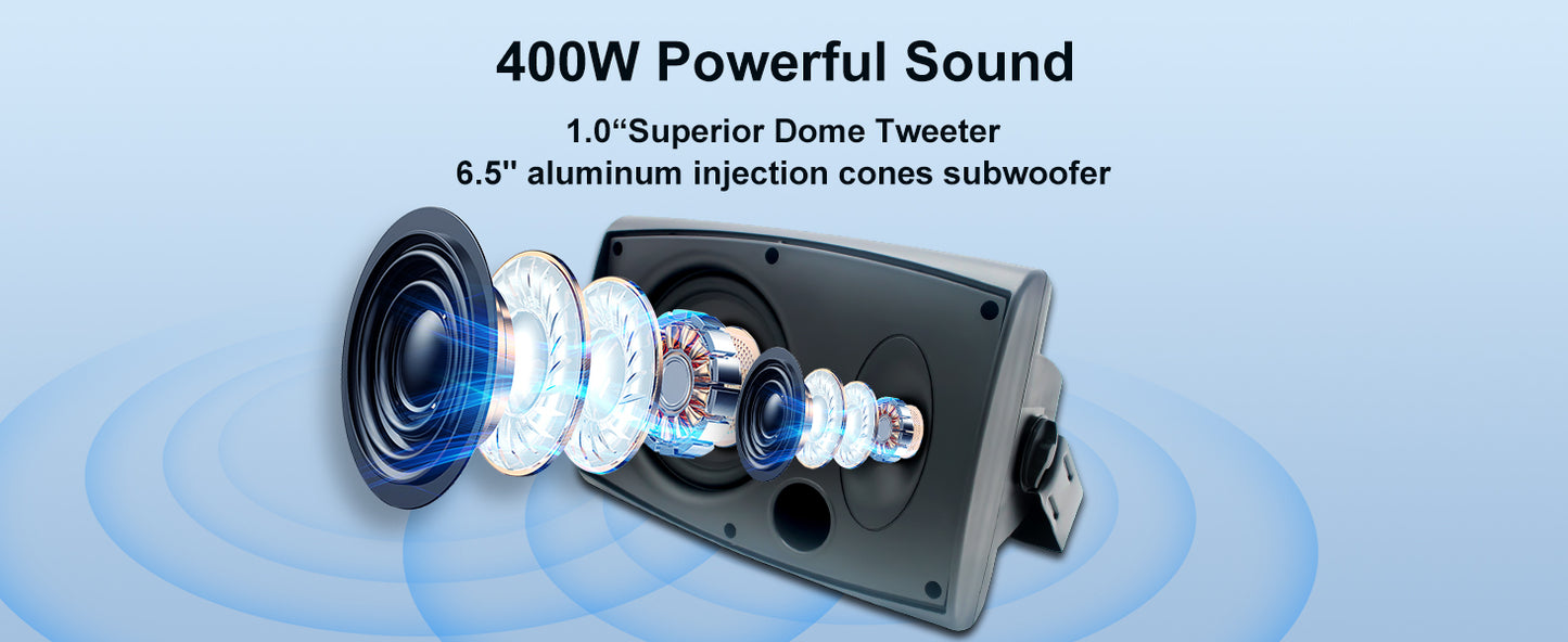 Herdio 2PCS 400W 6.5‘’ Passive Outdoor Speakers Wired Waterproof 2 Way Wall Mounted Speakers With Powerful Bass For Patio Home
