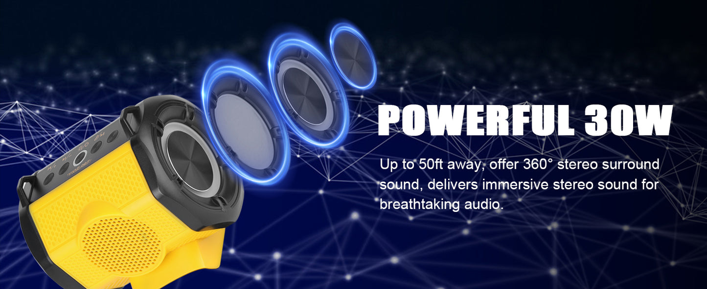 30W Cordless Speaker Bluetooth Player Loudspeaker Amplifier for Dewalt 18V 20V Li-ion Battery Jobsites, Home and Party