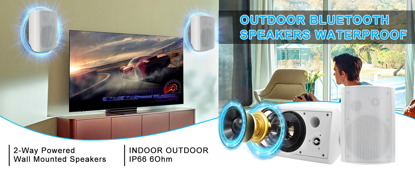Herdio 4PCS 6.5‘’ 800W Outdoor Bluetooth Speakers Waterproof Wall Mounted Sound System With Multifunctional Amplifier For Patio