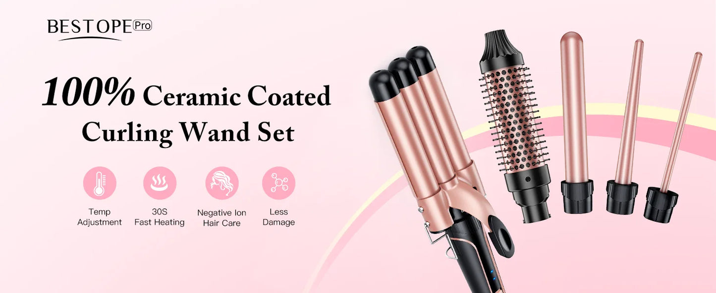 BESTOPE PRO Waver Curling Iron Wand,  5 in 1 Curling Wand Set with 3 Barrel Hair Crimper for Women, Fast Heating Hair Wand Curle