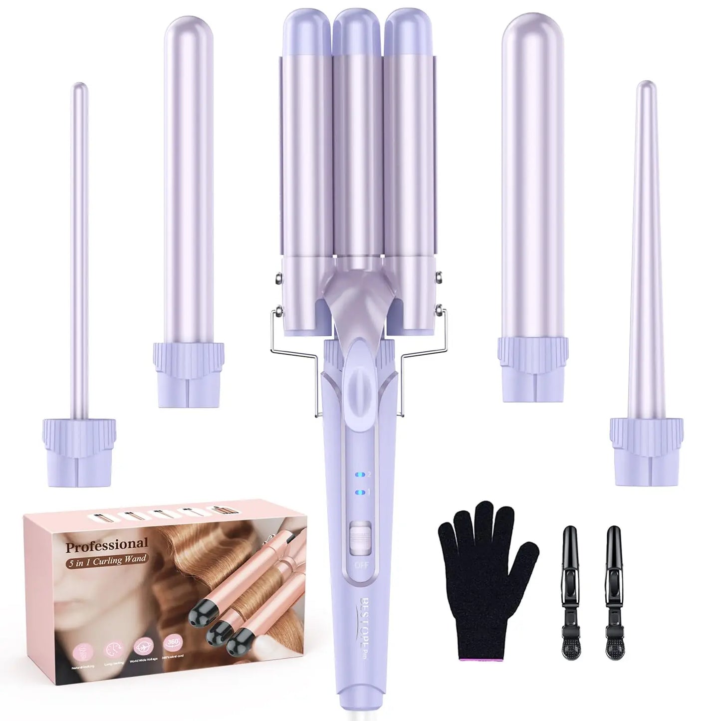 BESTOPE PRO Waver Curling Iron Wand,  5 in 1 Curling Wand Set with 3 Barrel Hair Crimper for Women, Fast Heating Hair Wand Curle