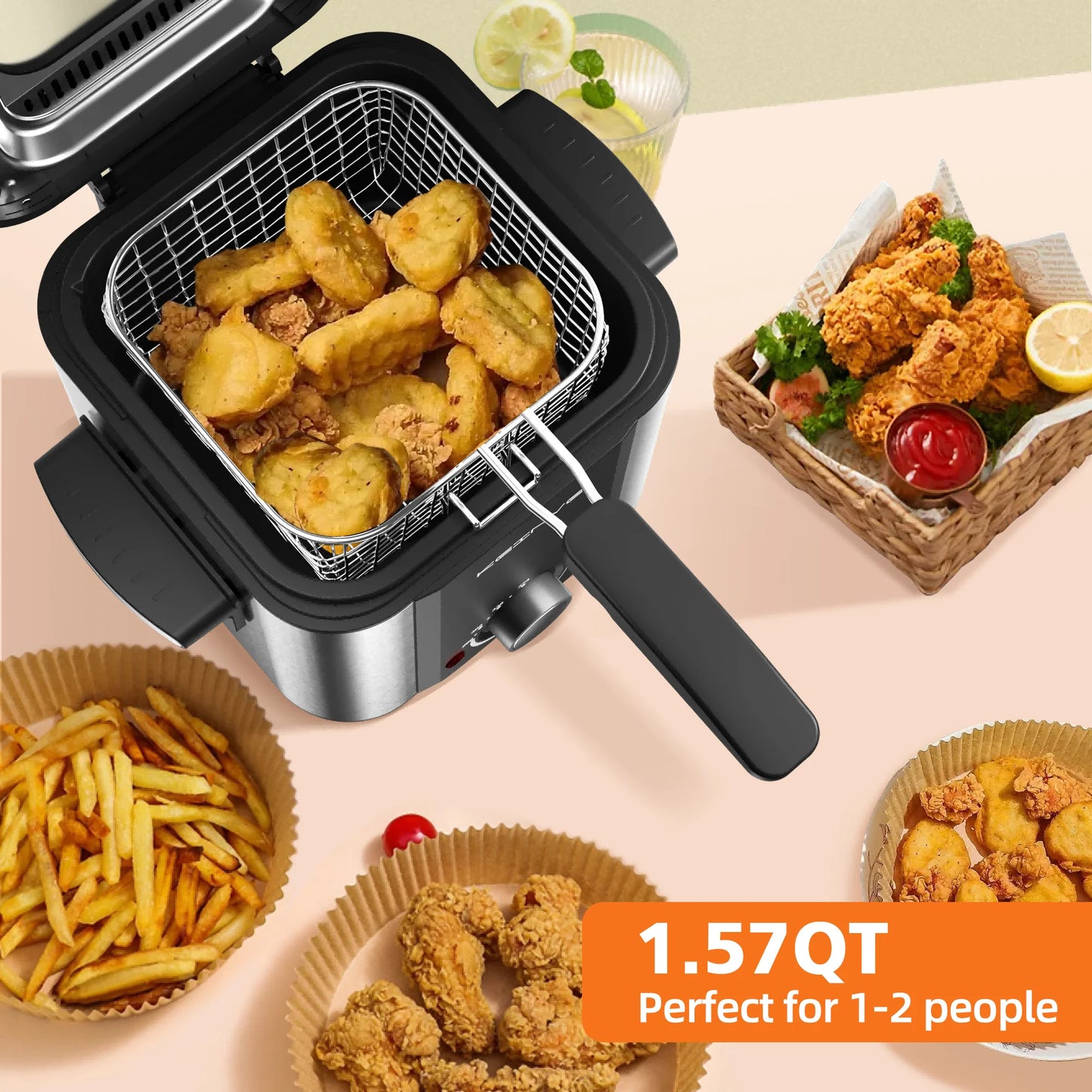 Electric Deep Fryer, 1.5 L/1.6 QT Small Deep Fryer with Basket for Home Use, Cool Touch Sides Easy to Clean, Nonstick Basket